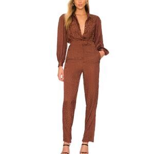 Lovers + Friends Cheyann Satin Jumpsuit Brown SMALL Wrap Split Hem Leopard NEW